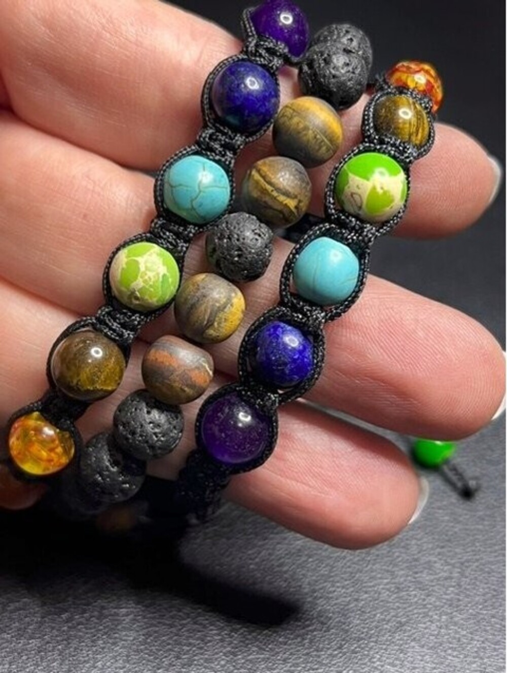 B6699 3pc Natural Stone Chakra Macrame Bracelet Set tigers eye Lava Rock stack